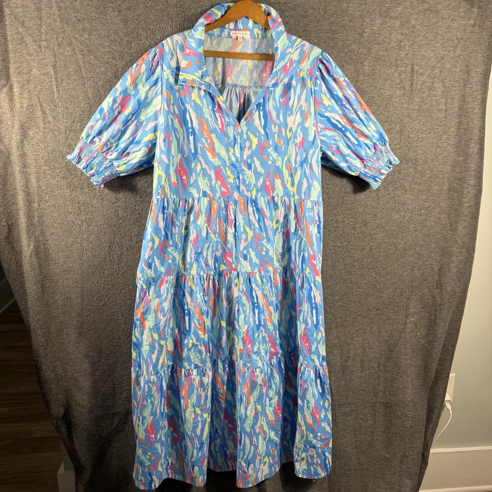 Mary Square Watercolor V Neck Midi Length Tiered Dress Size XL Beach Pockets